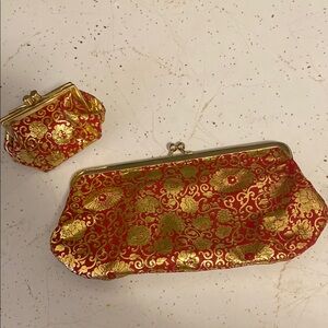 Elegant Red and Gold Genuine Leather Made in Italy Clutch Set